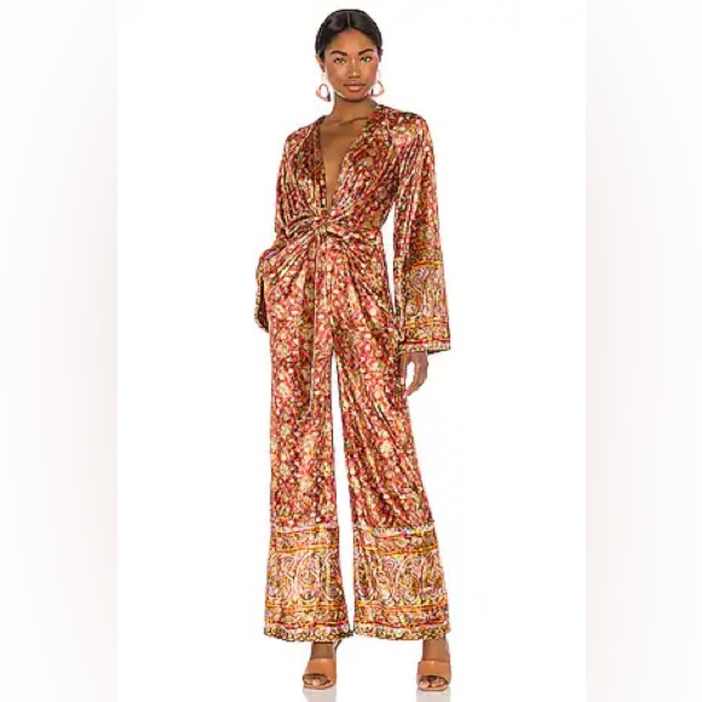 Free People REVOLVE Harper Velveteen Jumpsuit Deep V Twist-in Sangria Large